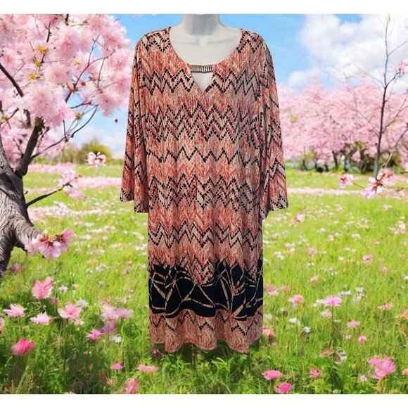 True Envy Womens Geo Print Dress Size 20W Multicolor Metal Collar Accent - Picture 2 of 10